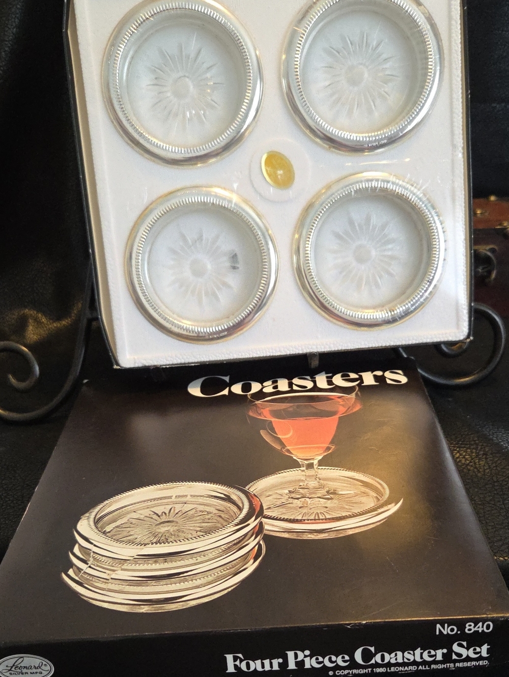 *2 Sets* Vintage 1980 Leonard Silverplate Four Piece Glass Coaster Set